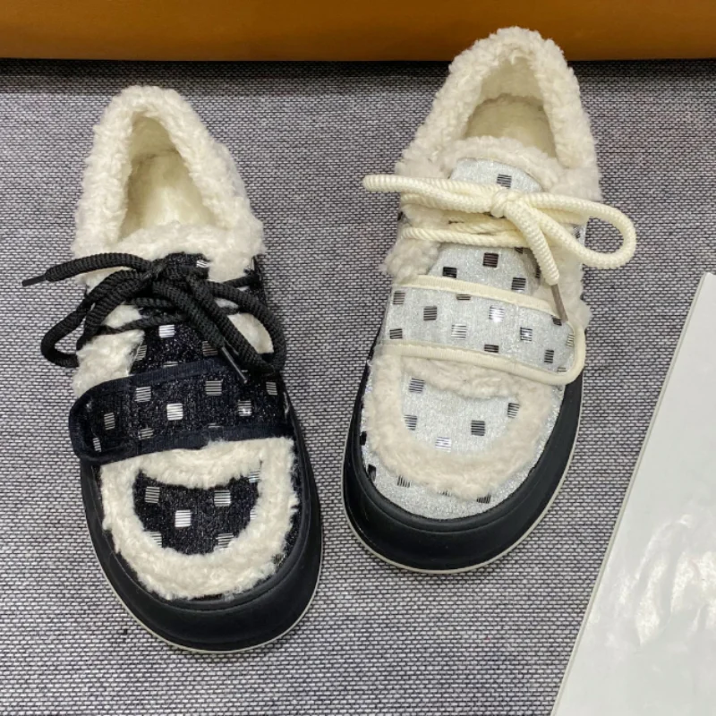 

Cotton Shoes Female 2023 Fashion Color Matching Casual Shoes Women Thick Soled Plus Lace Up Sequins Women Sneakers