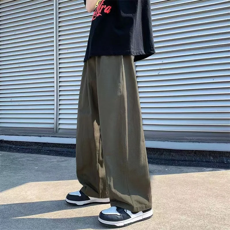 Men Wide Leg Pants Spring Cotton Solid Color Casual Korean Loose Straight Trousers S-5XL