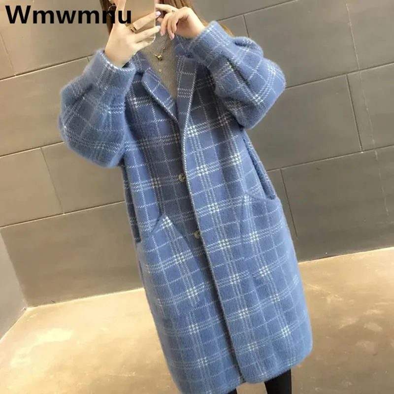 

Winter Plaid Imitation Mink Velvet Coats Thicken Warm Plush Knit Overcoat Elegant Fashion Mid-long Jackets Womens Loose Outwear