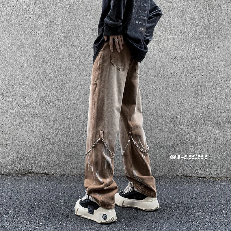High Street Tie-dye Jeans Chain Decor Straight Denim Pants Men Baggy Fashion Jean Pants Mens Loose Casual Couple Clothing
