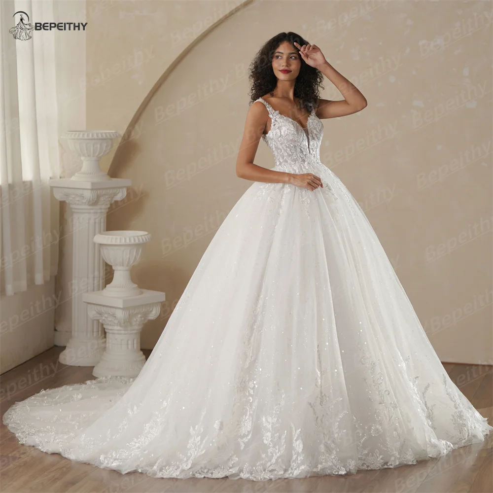 BEPEITHY Customized V Neck Bride Shinny Wedding Dresses 2025 Spring Sleeveless Ivory Sexy Low Back Bridal Lace Gown Vestidos 5