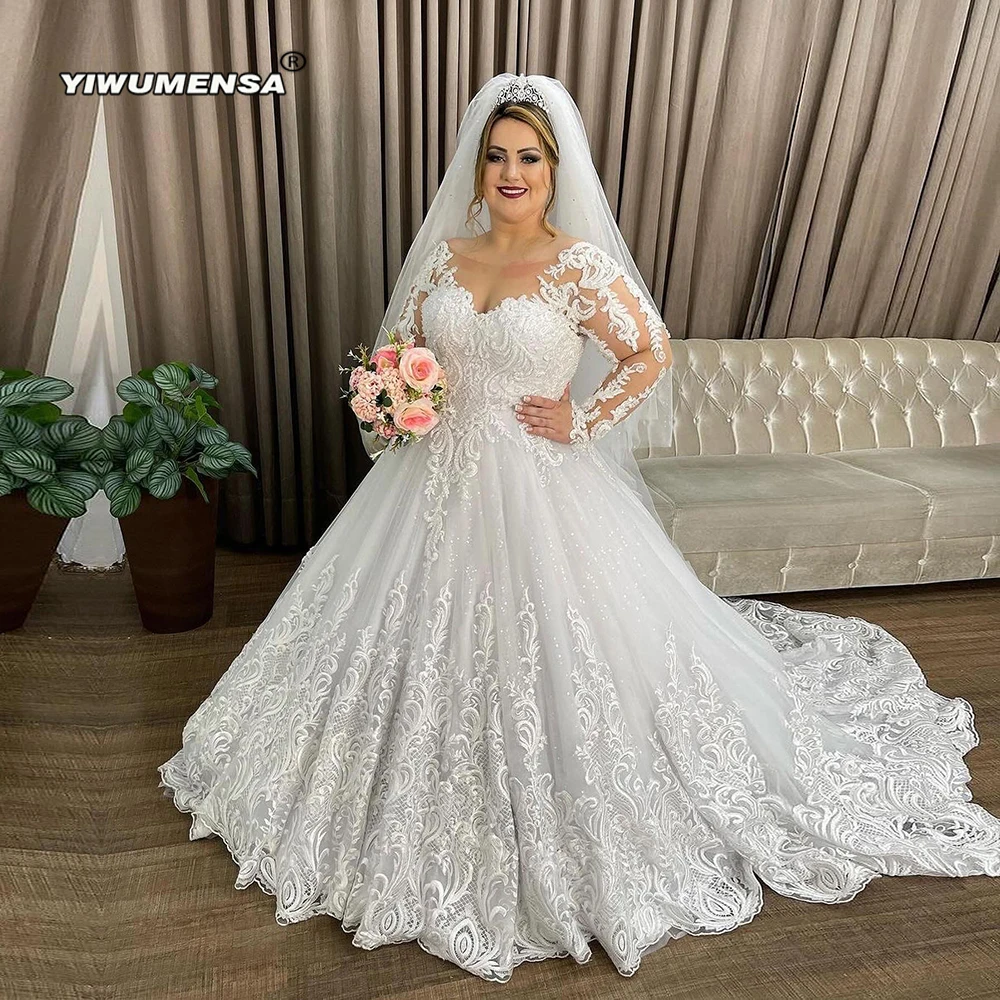 

Luxury Princess Ball Gown Bridal Dress Sparkly Tulle O Neck Ful Sleeves Wedding Dresses Custom Women Formal Party Bride Clothes
