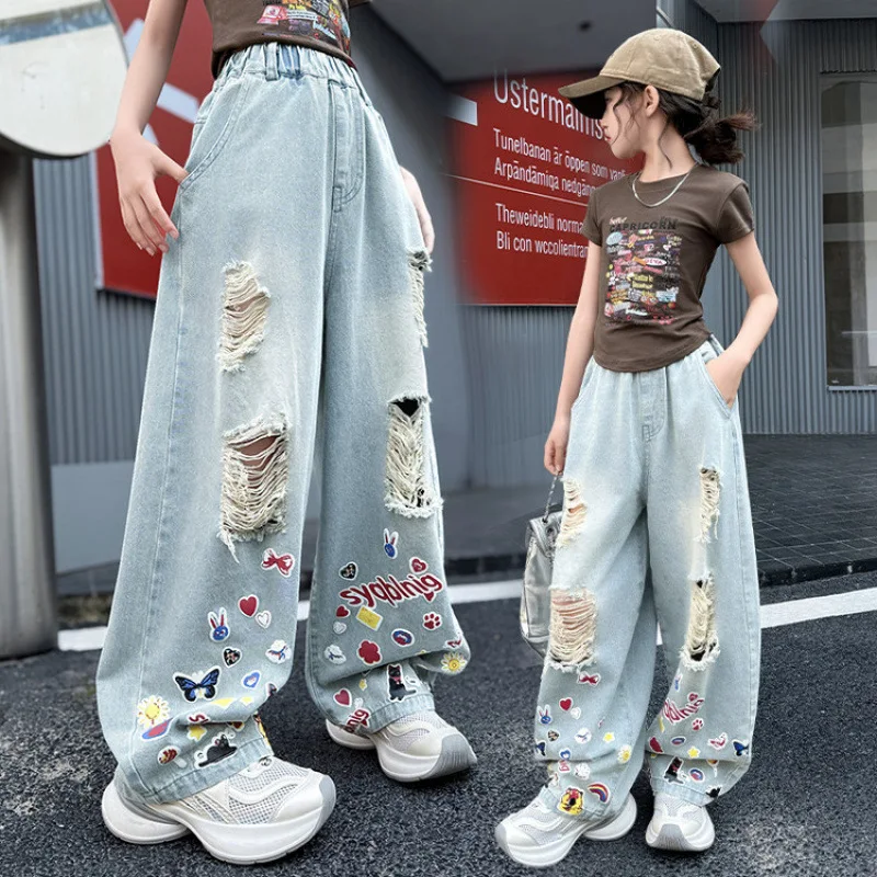Child y2k Ripped Baggy Jeans with Butterfly for Girl