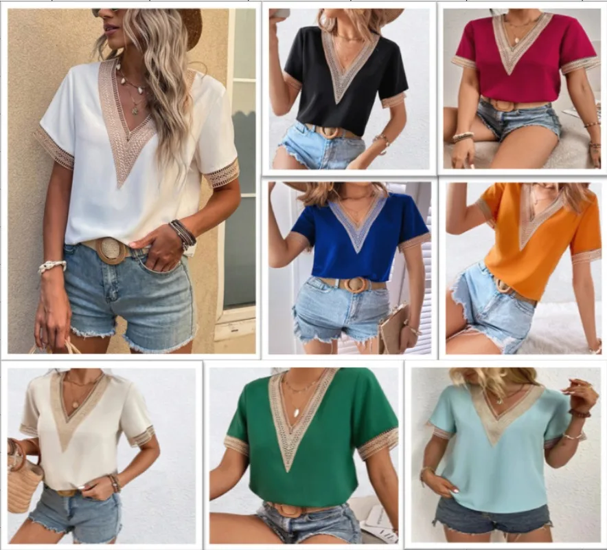 

Women's V-neck Patchwork Lace Top, Women's Loose Short-sleeved Shirt, Informal Diary Top Of British Style In The Summer Of 2023