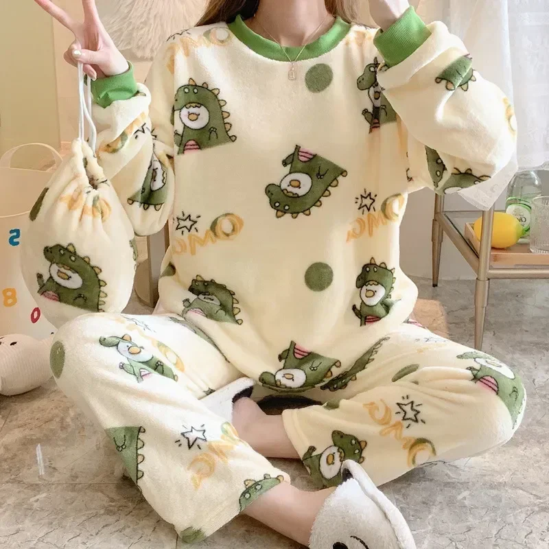 

Ladies Homewear Pajamas Sleepwear Piece Warm Striped Casual Autumn Women's Pyjama Winter Sets 2 Pijama Pjs Velvet Mujer Flannel