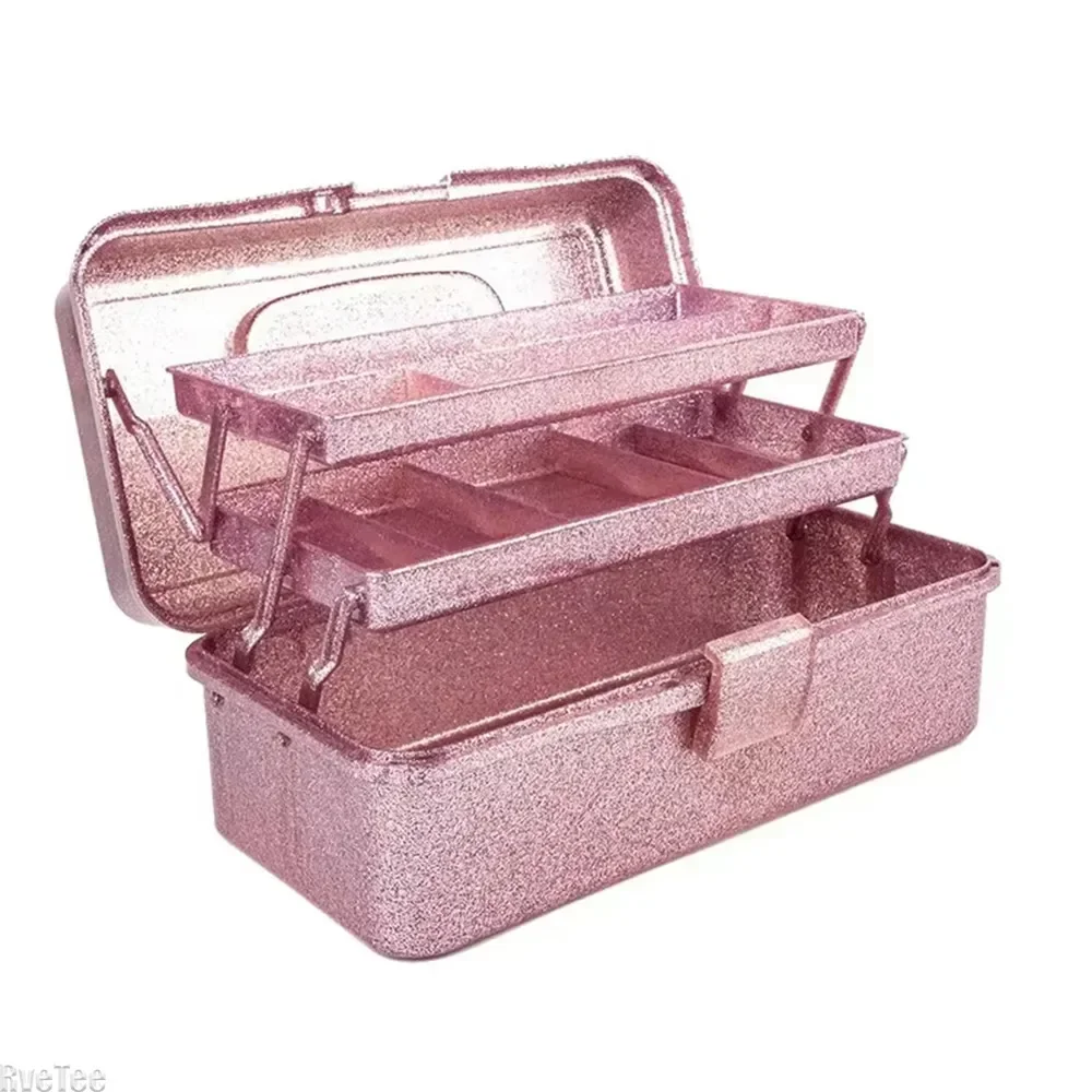 Foldable Handheld All-Glitter Beauty Cosmetics Storage Box with Handle – Large-Capacity Makeup Toolbox