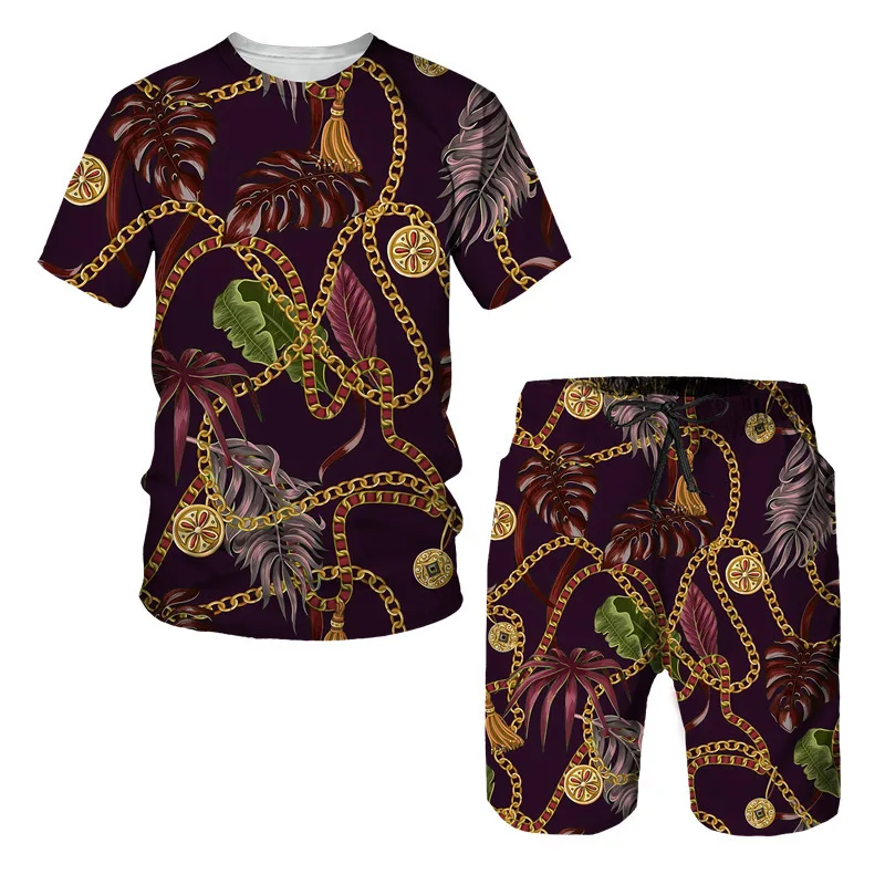 thumbnail image 1 of Conjunto de camiseta y pantalones cortos de manga corta holgados con cuello redondo y cadena de estilo europeo con estampado 3D nuevo de verano para niños, 1 of 5