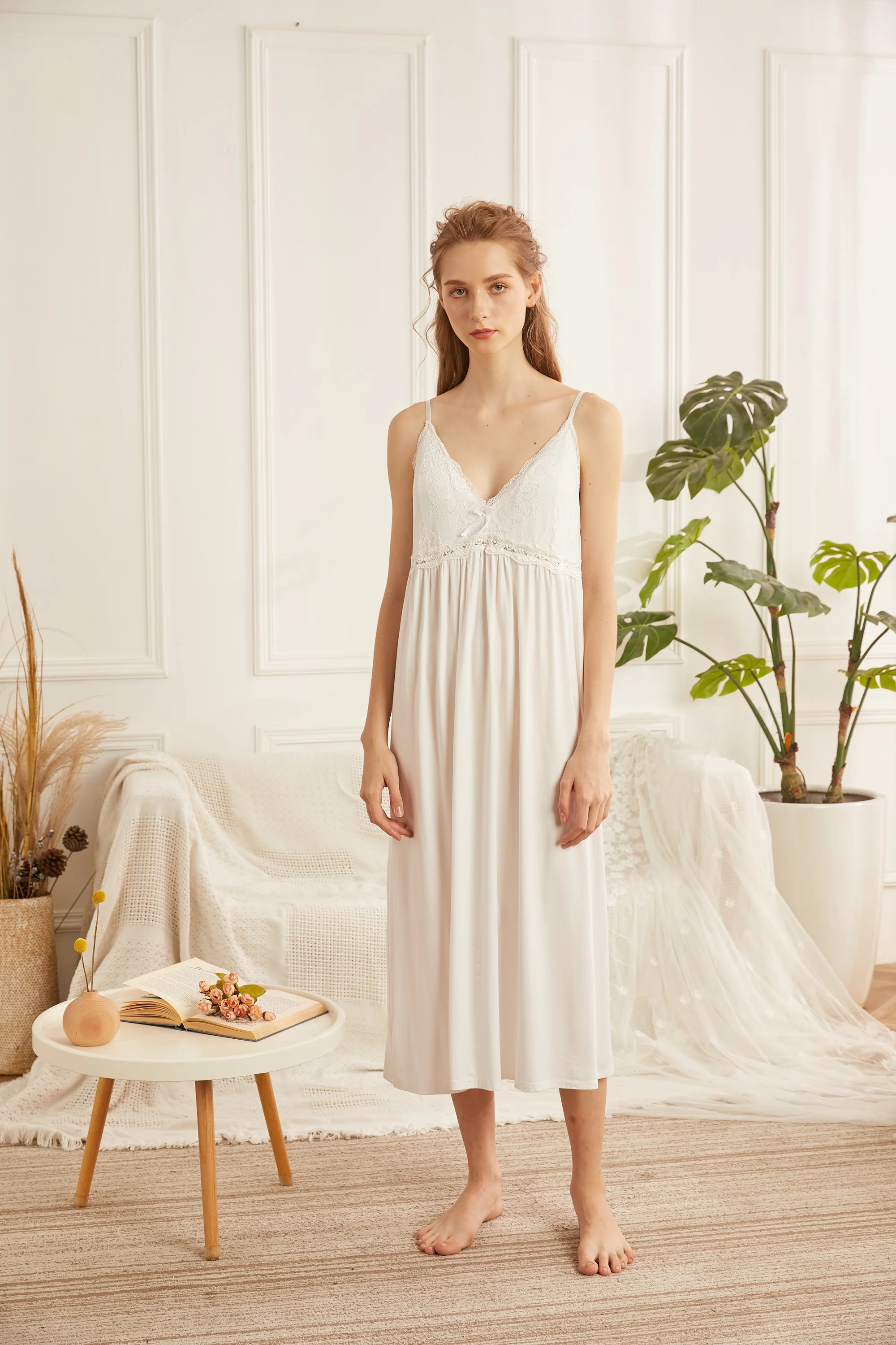

Patchwork Lace V-neck Women Nightgowns Knee-length Sexy Elegant Thin Half Sleeve Loose Summer Homewear Fashion Soft 820# long