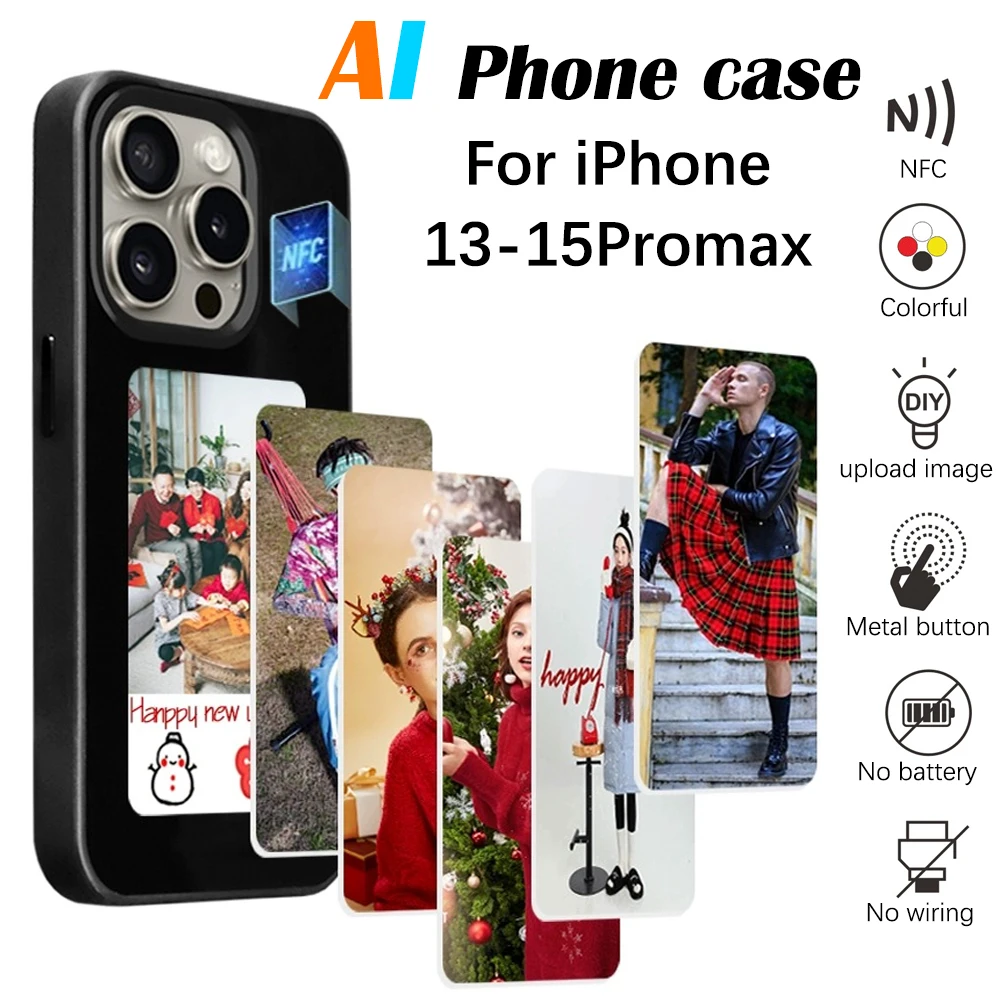 RGB Smart NFC For iphone 13 14 15 Pro Max Case E-ink Screen Mobile Phone DIY Cases Anime Character Phone Cover For Battery Free