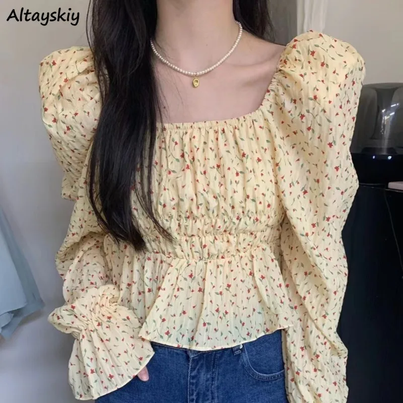 

Square Collar Blouses for Women Floral Printed Spring Autumn Long Sleeve Ins Sweet Girls Casual Slim Shirring Design Niche Lady