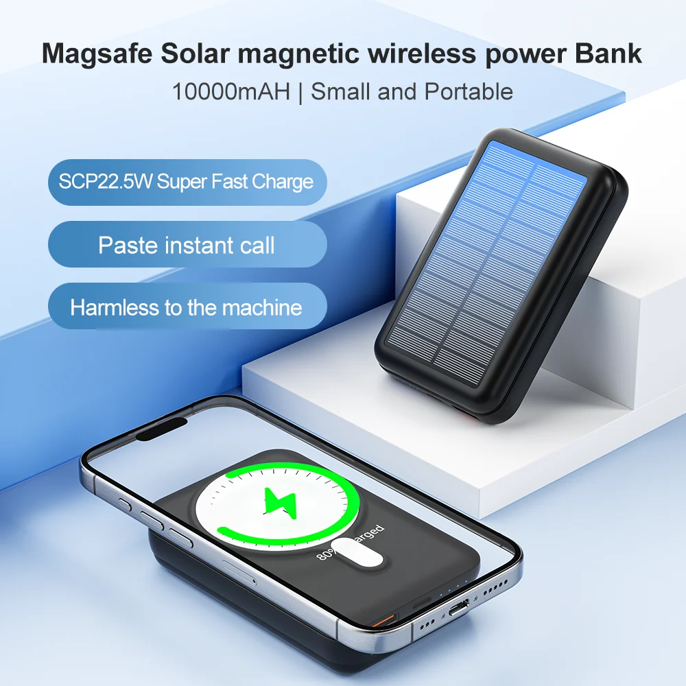 15W Solar Magnetic Power Bank 10000mAh, Wireless Charger w/ USB & USB-C, PD20W Fast Charge, Portable Solar Charger for Phones 2