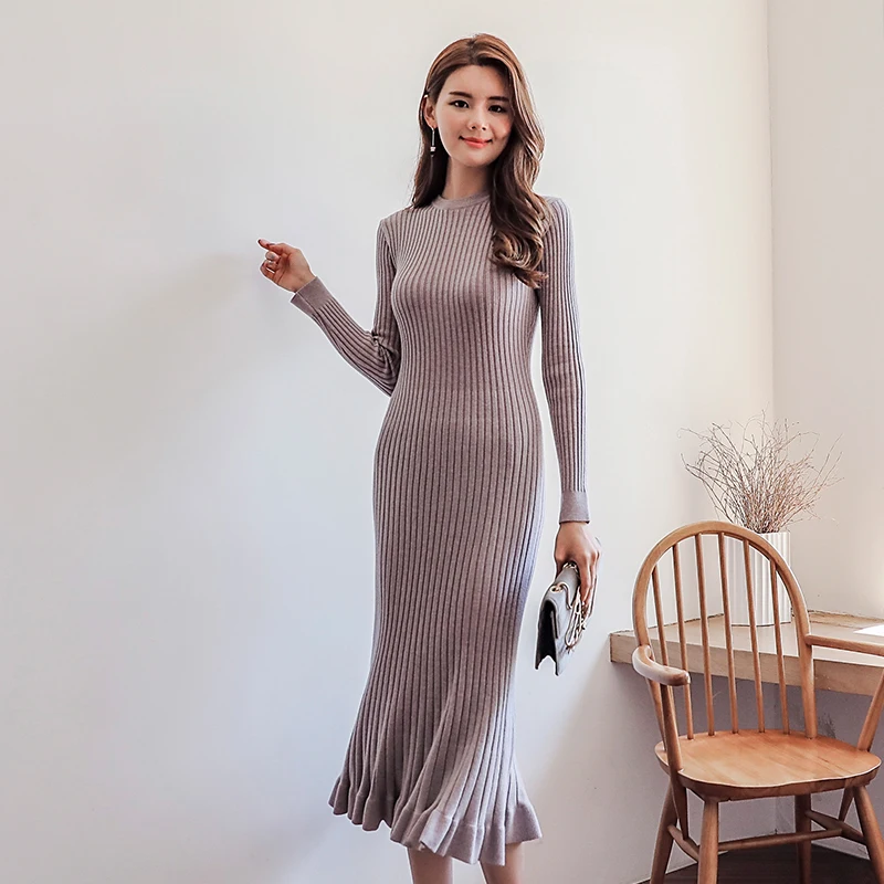 

2023 New Autumn Winter Knitted Midi Mermaid Dress Fashion Women O Neck Long Sleeve Slim Waist Bodycon Bottoming Sweater Dresses