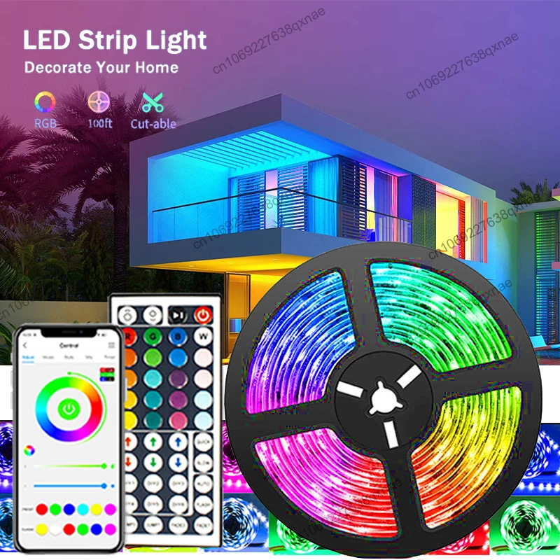 

100ft LED Strip Lights for Room Decor SMD 5050 RGB Led Tape Music Sync LED Lights Bluetooth Remote DC5v Neon Lights TV Backlight