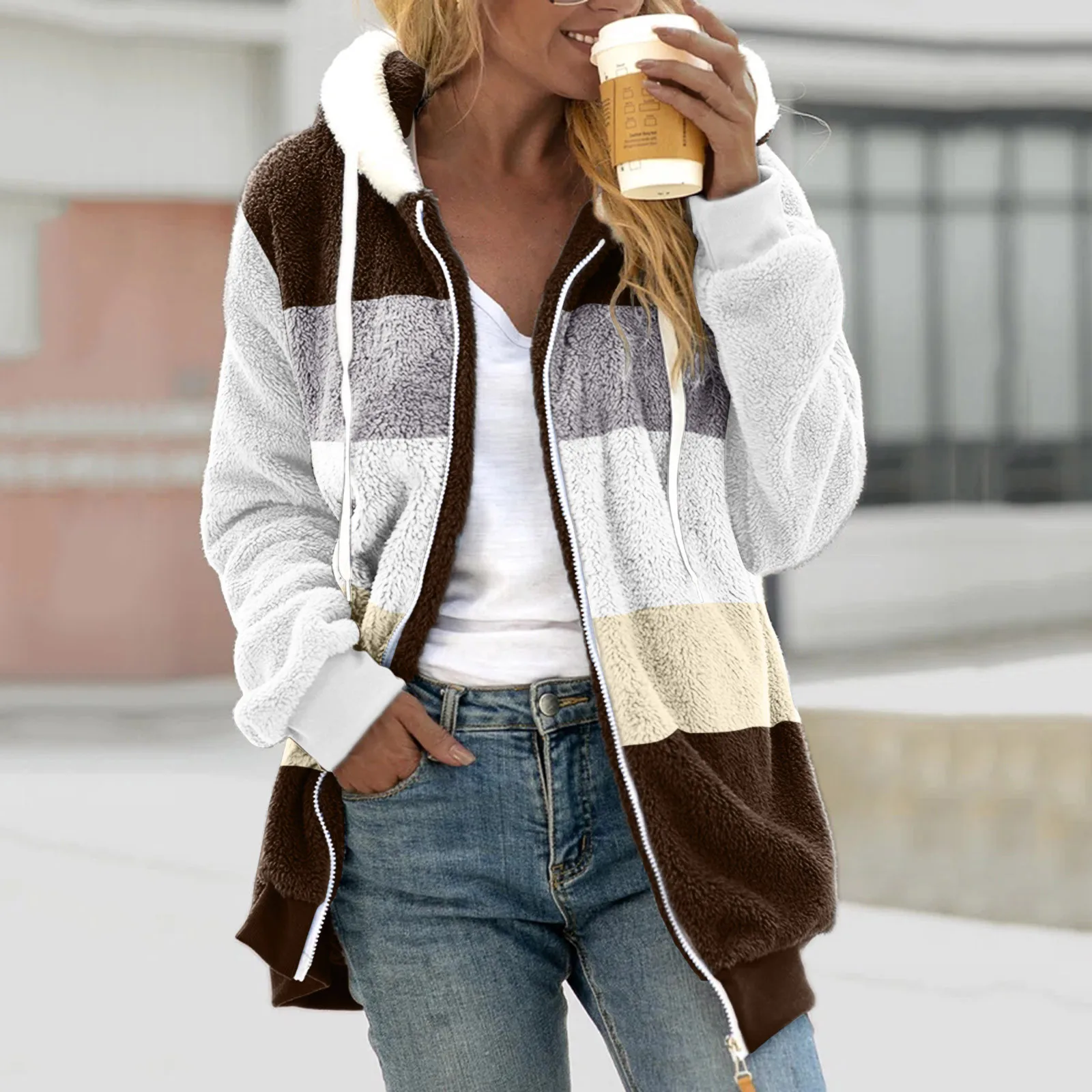 

Women'S Plus Size Casual Color Block Plush Jacket Sweatshirt Zipper Hoodie Loose Blouse Warm Patchwork Oversized Fashion Coat
