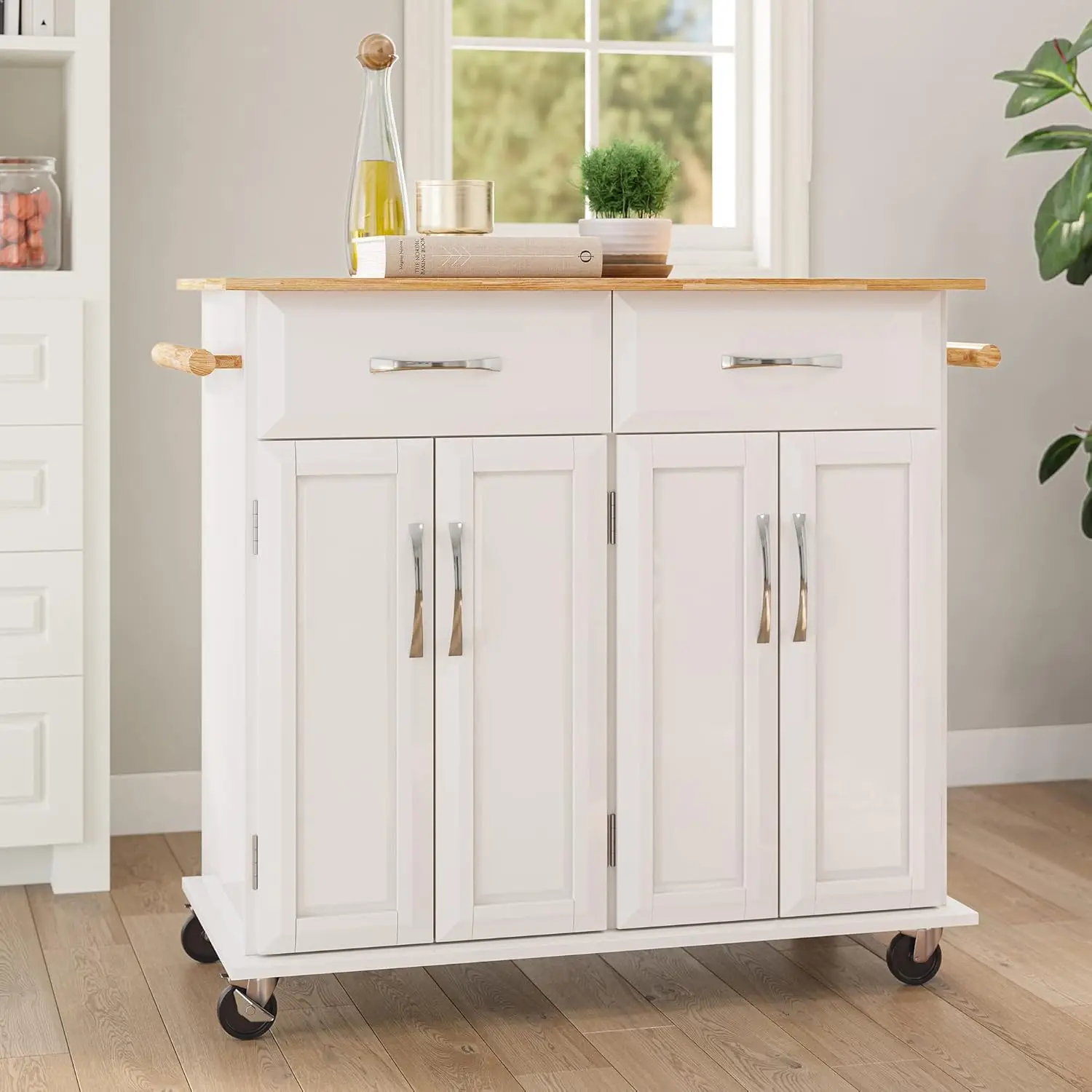 Rolling Kitchen Island Cart on Wheels with Storage Cabinet, Mobile Kitchen Cart Island Table with 2 Drawers Towel Racks Rubber