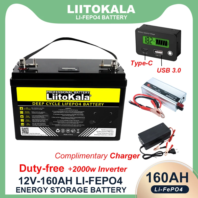 LiitoKala 12V 180a 160ah 120ah LiFePO4 bateria na zewnątrz samochodów turystycznych wielofunkcyjne USB 3.0 typu C wyjście 2000w ładowarka inwerterowa