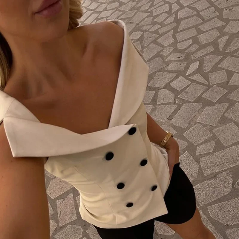 Fashion Off Shoulder Double-breasted Vest Women Sexy Slim Sleeveless Waistcoat Summer New Ladies Fashion Tops Streetwear