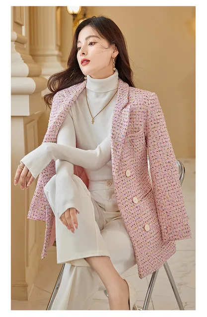 Winter/autumn Adding Cotton Thicken Blazer Women Tweed Jacket Double  Breasted Office Lady Pink Black White Suit Coat - Tailored Coat - AliExpress