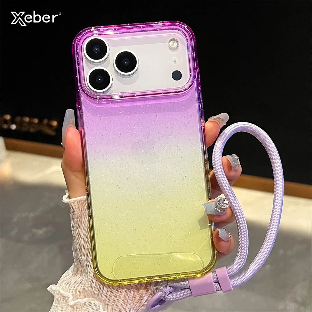 Gradient Colorful Transparent Shockproof Phone Case with Wrist Strap