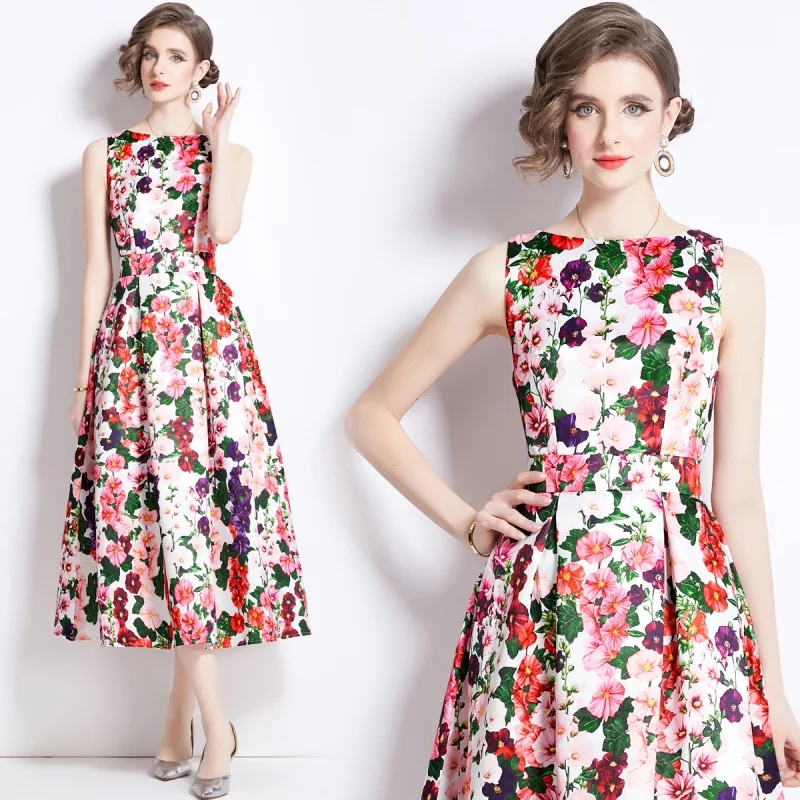 

2024 Classic temperament fashion elegant women's sleeveless high-waisted dress three-dimensional cut waist A-line skirt