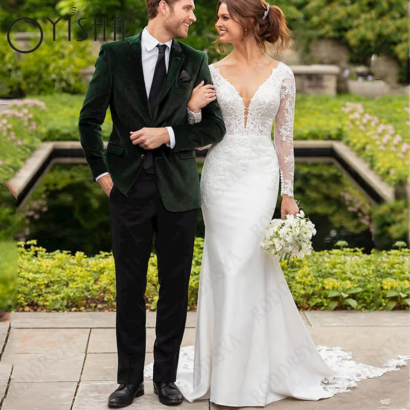 

Oyisha Lace Appliques Mermaid Bride Party Sexy V-Neck Backless Robe Mariée Long Sleeve Satin Wedding Dress For Women Custom Made