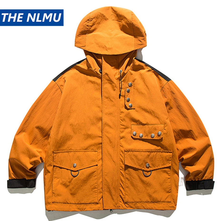 

Hooded Windbraker Jacket Coat Men Loose Cargo Outwear Black Oversized Zipper Up Jackets