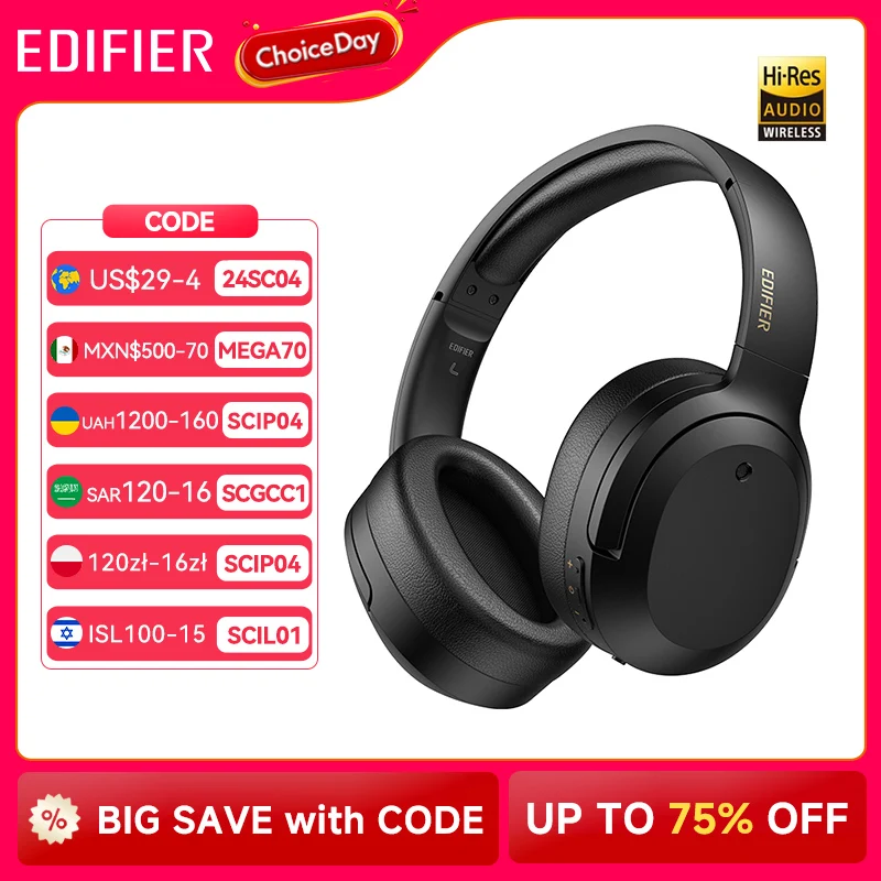 Edifier W820NB Plus Wireless Noise Cancelling Headphones 43dB ANC Hi-Res LDAC Codec 49hrs Playtime Over-Ear Bluetooth Headset
