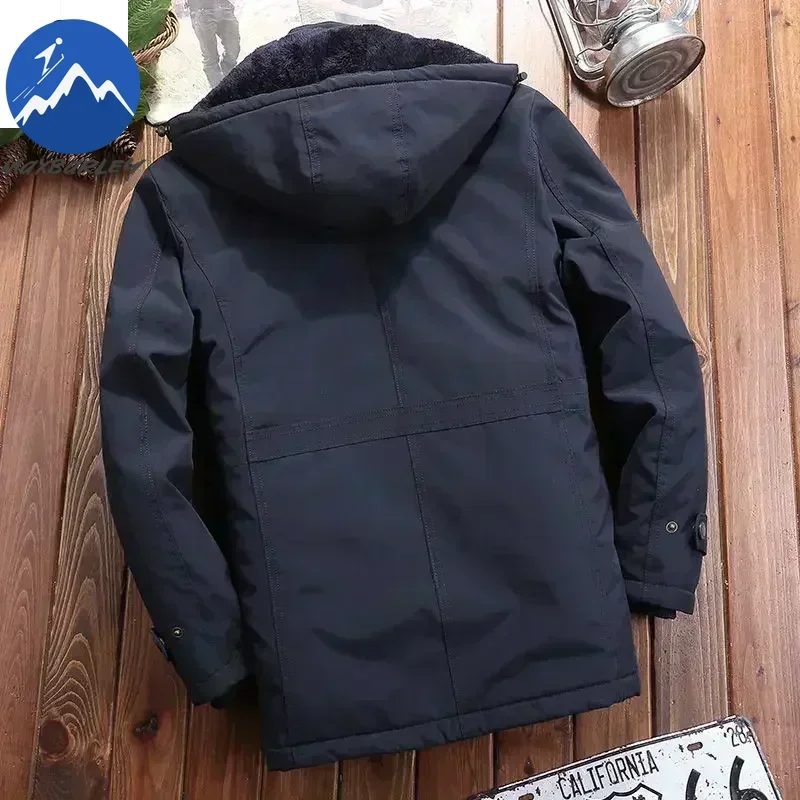 COMXZ Windbreaker Fleece Jacket Thick Warm Cold Proof Travel Ski Retro Hooded Quilted Jacket Men's Trendy High Quality Overcoats