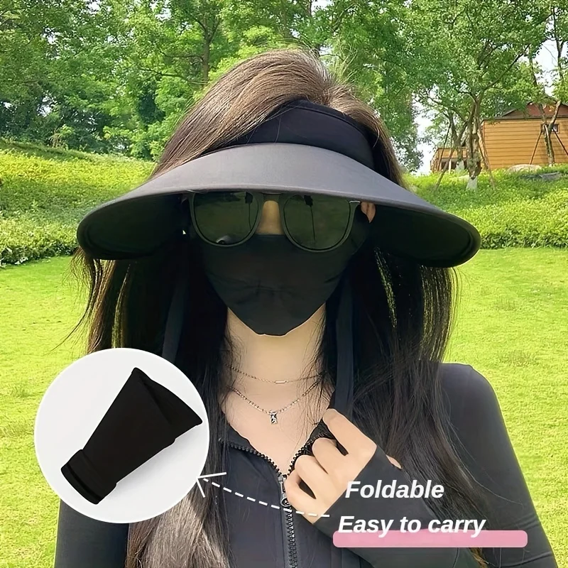 Women Ice silk sun hat UPF50+ sun protection enlarged brim hollow top anti-ultraviolet summer hat