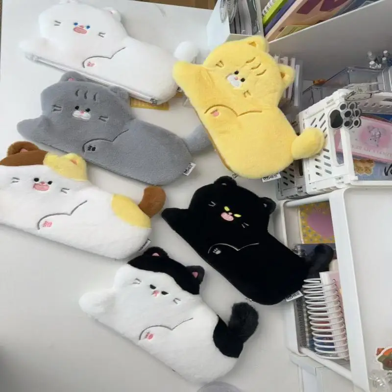 귀여운 고양이 모양의 부드러운 촉감의 가벼운 대용량 문구 수납 펜 케이스, 다용도 수납 가능