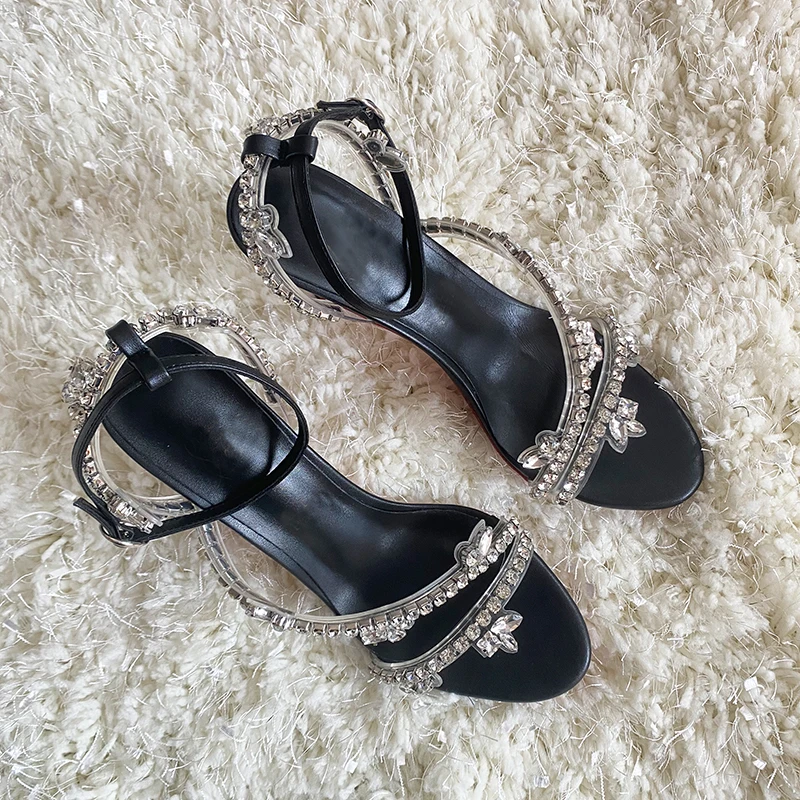 2023 New Sweet Crystal Chain Silver Color 12cm 10cm 8cm Thin High Heels Women Fashion Sandals Shoes