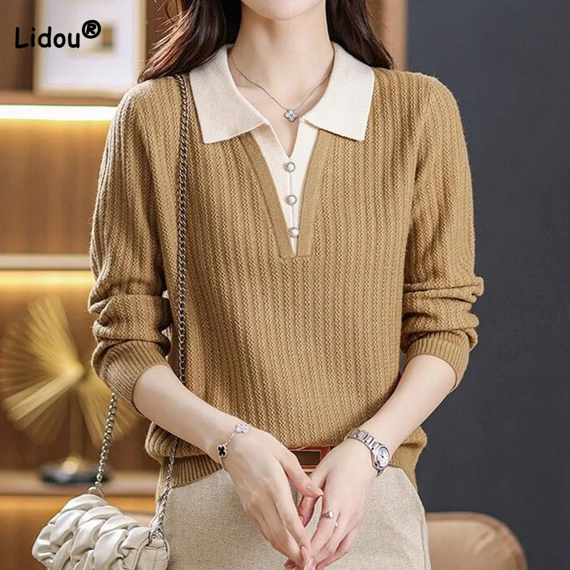 

Women's Clothing Fashion Polo-Neck Fake Two Pieces Sweaters 2023 Autumn Winter Button Patchwork Casual Long Sleeve Knitted Tops