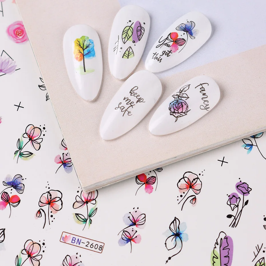 12 pcs Nail Sticker Set Summer Water Decal Nail Art Ink Flowers Leaves Graffiti Slider for Nail Decoration Foils Tattoo 4