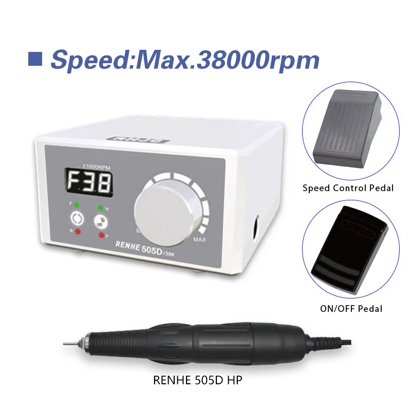 RHJC RENHE 505D 38000RPM 마이크로 모터 핸드피스, LCD 스피드 스크린 디스플레이, 3.2N.cm 토크 쥬얼리 네일 폴리셔 연마기