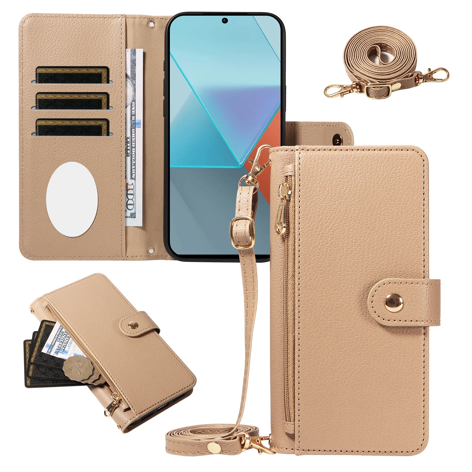 Women's Faux Leather Crossbody Protective Case with Coin Purse, Multi-Card Slots, Mirror, and Makeup Holder