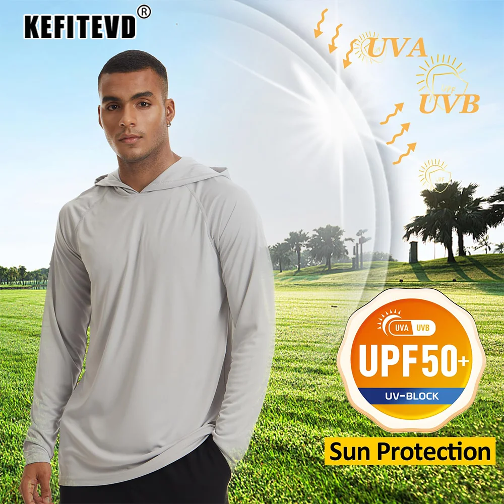 KEFITEVD UPF 50+ Men's Long Sleeve T-Shirts Hoodies Sun/UV Protection  Outdoor Hiking T-Shirt Sunscreen Shirts Tops Male Hoodie