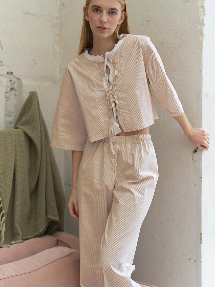 Marthaqiqi Spring Femme Pajamas Suit Long Sleeve Nightwear Crop Top Nightie Lace Up Sleepwear Half Sleeve Pyjamas Pants Homewear