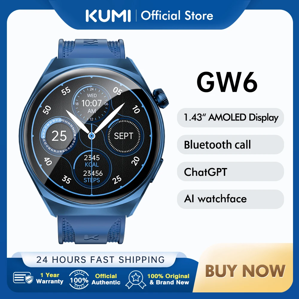 

KUMI GW6 1.43" AMOLED screen Bluetooth call Waterproof IP68 NFC 100+ Sport Heart Rate Blood Pressure Oxygen Monitor smart watch