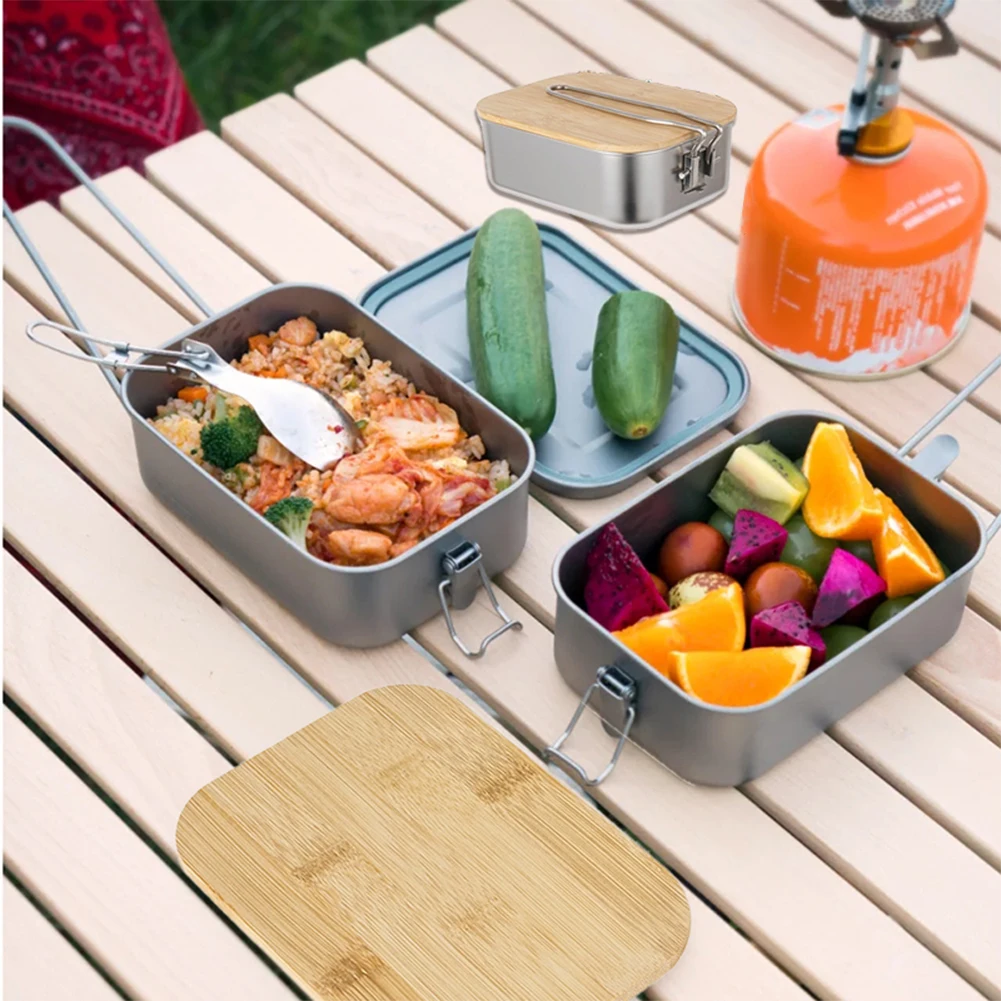 

Outdoor Outing Lunch Box Camping Stainless Steel Bento Box Travel Hiking Foldable Portable Handle Cooking Tableware