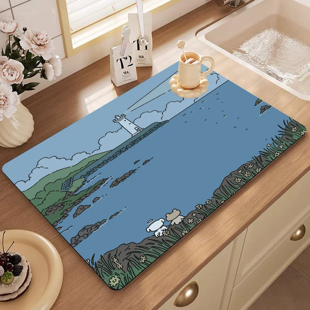 Cat And Rabbit Cartoon Painting Kitchen Draining Mat Tableware Pad Coffee Dish Drying Mat Placemat Bathroom Kitchen Drain Pad 6