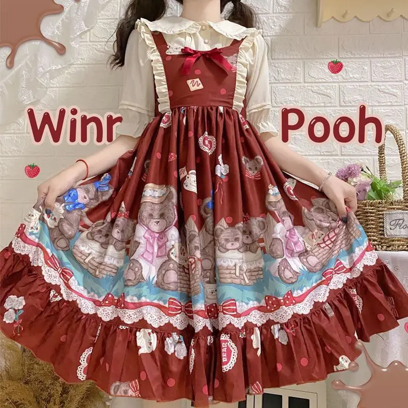 

Japanese Style Lolita Summer New Women's Fashion Sweet Trendy Slim Sleeveless Slip Spliced Ruffles Printing Bear Park Bow Dress