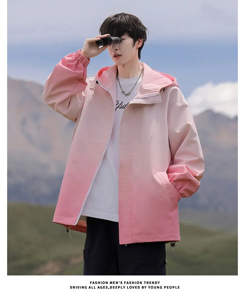 Lässige Herren-Outdoorjacken mit Farbverlauf und Kapuze, Frühjahr/Herbst 2026, dünne Windbreaker, Jugend-Streetwear, lockere Mäntel, Oberteile für Jungen – Detail 16