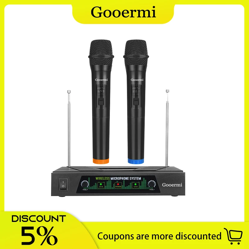 

Профессиональная 2-канальная Беспроводная микрофонная система Gooermi Ku201 с переключателем питания и регулировкой громкости для караоке