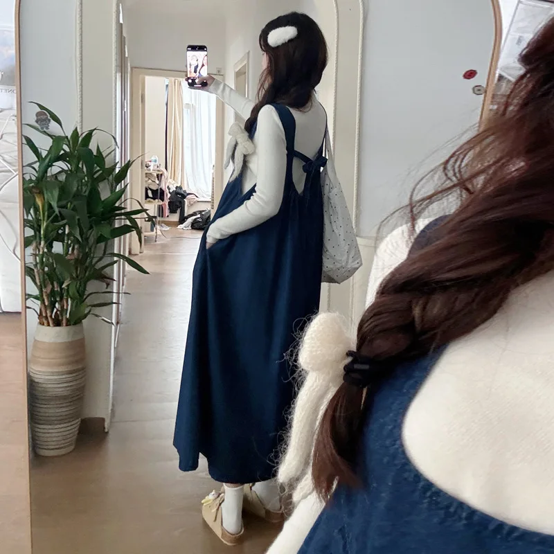 2026 봄 가을 신상 임부복 루즈핏 부드러운 데님 오버롤 드레스와 흰색 긴팔 베이스탑 투피스 세트