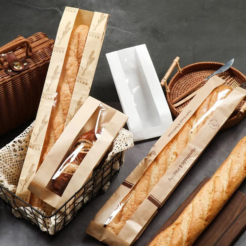 100 Pieces Kraft Paper Long Bread Bags with Transparent Window, Waterproof & Oil-Re... - SKU PLBB1237 - UGI Packaging