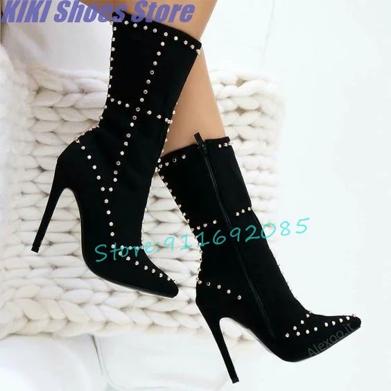 

Solid Color Side Zipper Pointed Toe Rivets Sexy Fashion Nude Boots