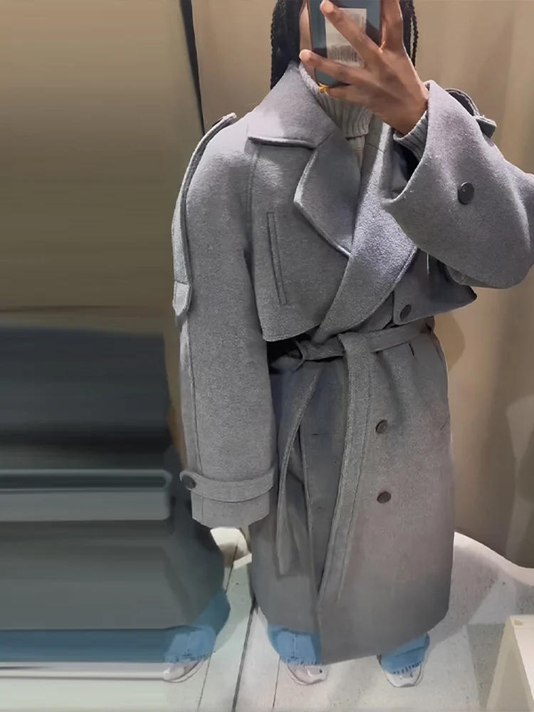 Frauen Lange Mäntel Revers Mit Gürtel Zweireiher Woolen Mantel Chic Weibliche Volle Hülse Dünne Herbst Mäntel Neue Dame Outer – Detail 24