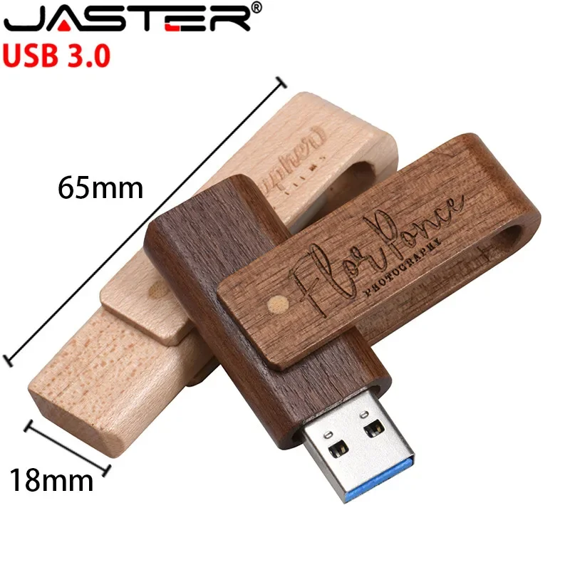 JASTER USB 3.0 레이저 조각 로고 맞춤형 나무 회전식 Usb 플래시 드라이브 Pendrive 4GB 8GB 16GB 32GB 메모리 스틱 선물