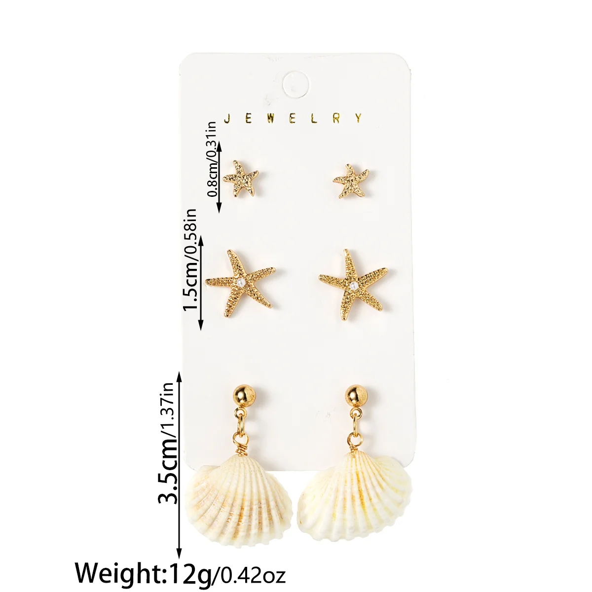 3 أزواج من قطرات الرياح الصيفية على الشاطئ، ونجم البحر الزيتي، وأقراط من سبائك فرس البحر، ومعلقات على شكل صدفة، ومشبك على أقراط متعددة