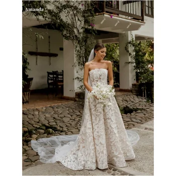 Amanda Customized White Lace Prom Dresses Strapless Floor-Length Head Veil vestidos de noche Trailing A-line Formal Evening 2025 1